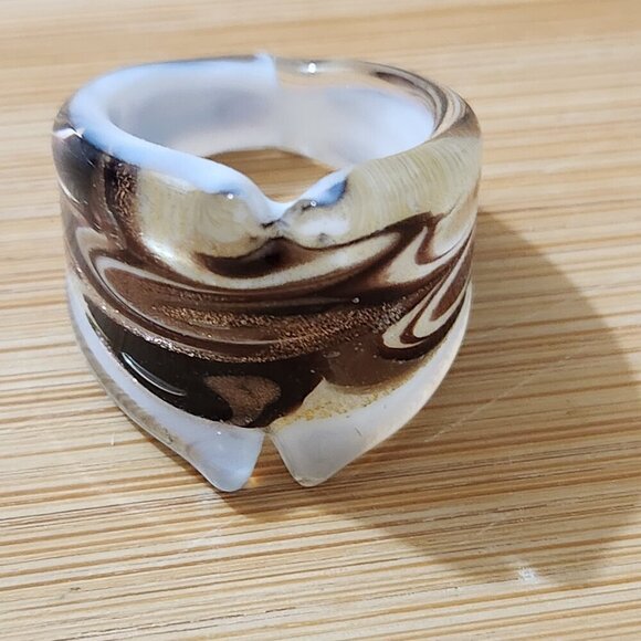 None Jewelry - Murano Glass Ring Brown White Beige Swirl Design Size 8
